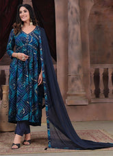 Blue Color Trendy Alia Cut Handwork Kurti Pant Dupatta Set